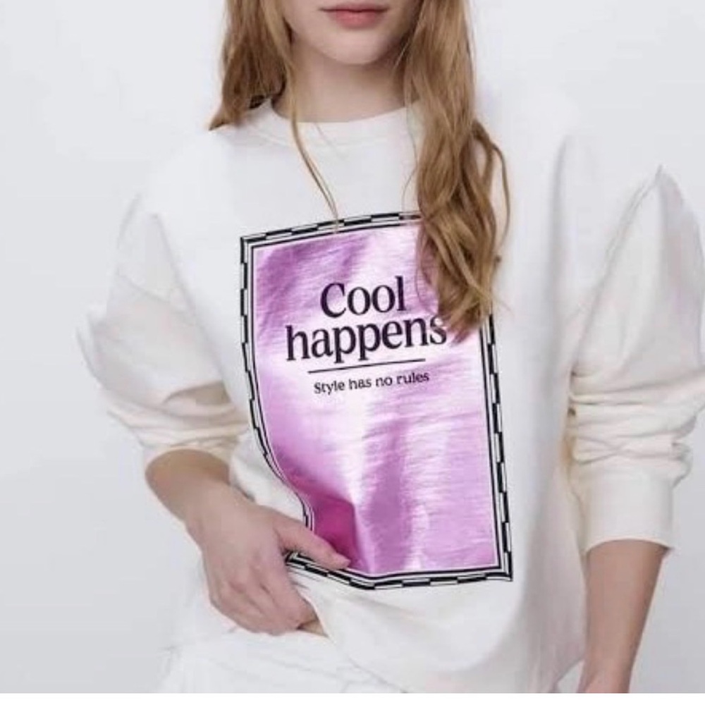 Zara White Sweatshirt with Pink Metallic Graphic